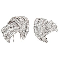 BOUCHERON Pair of Baguette-Cut Diamond Scroll Clip Brooches