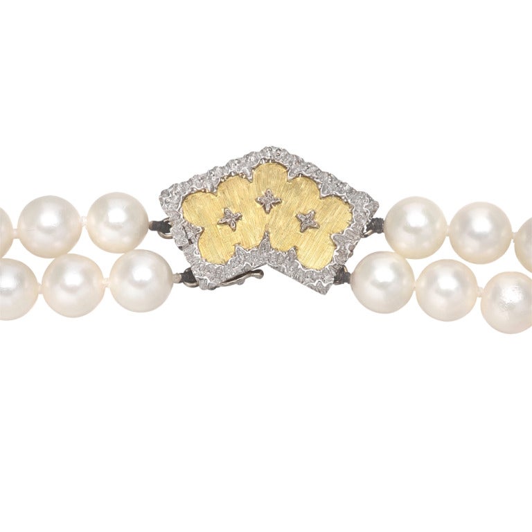 BUCCELLATI Two-Strand Pearl Necklace with Gold & Diamond Clasp In Excellent Condition In Greenwich, CT