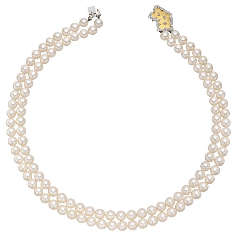 BUCCELLATI Two-Strand Pearl Necklace with Gold and Diamond Clasp at 1stDibs