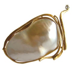 Vintage GLENDA ARENTZEN Gold Diamond Blister Pearl Brooch Pendant