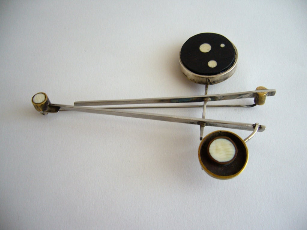 Important Peter Macchiarini studio brooch of sterling silver, brass, ebony and bone inlay.  Brooch is quite large and measures 3