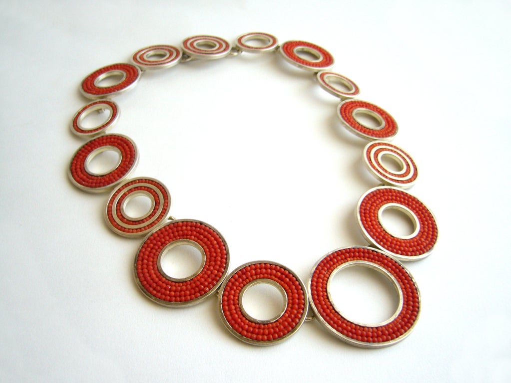 Sterling Coral Necklace Ring and Earrings Set In Excellent Condition In Palm Springs, CA