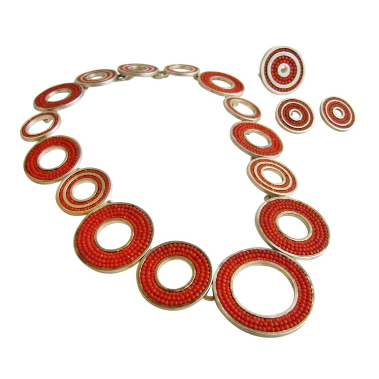 Sterling Coral Necklace Ring and Earrings Set