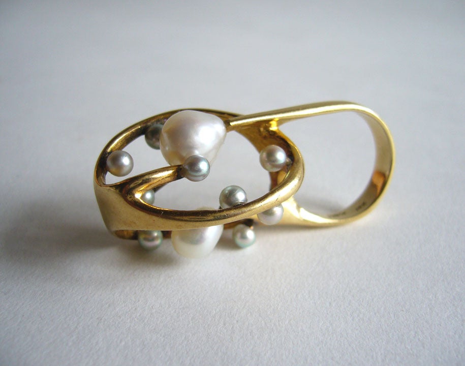 J. Arnold Frew, amerikanischer modernistischer Cocktailring aus Gold mit Perlen (Modernistisch)