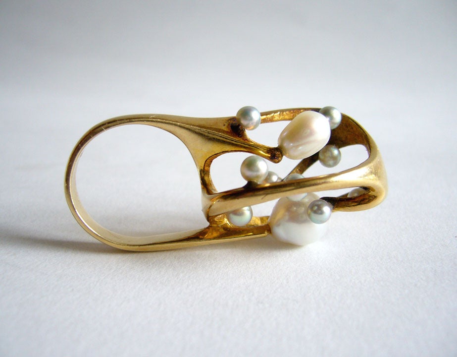 J. Arnold Frew, amerikanischer modernistischer Cocktailring aus Gold mit Perlen Damen