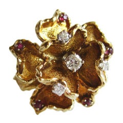 Gold Diamond Ruby Flower Ring