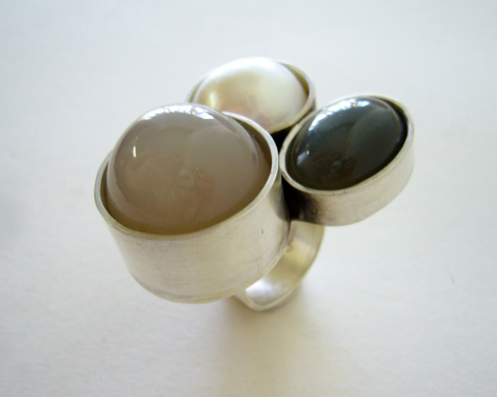 Heidi Abrahamson Moonstone Pearl Diopside Sterling Silver Ring In Excellent Condition In Palm Springs, CA