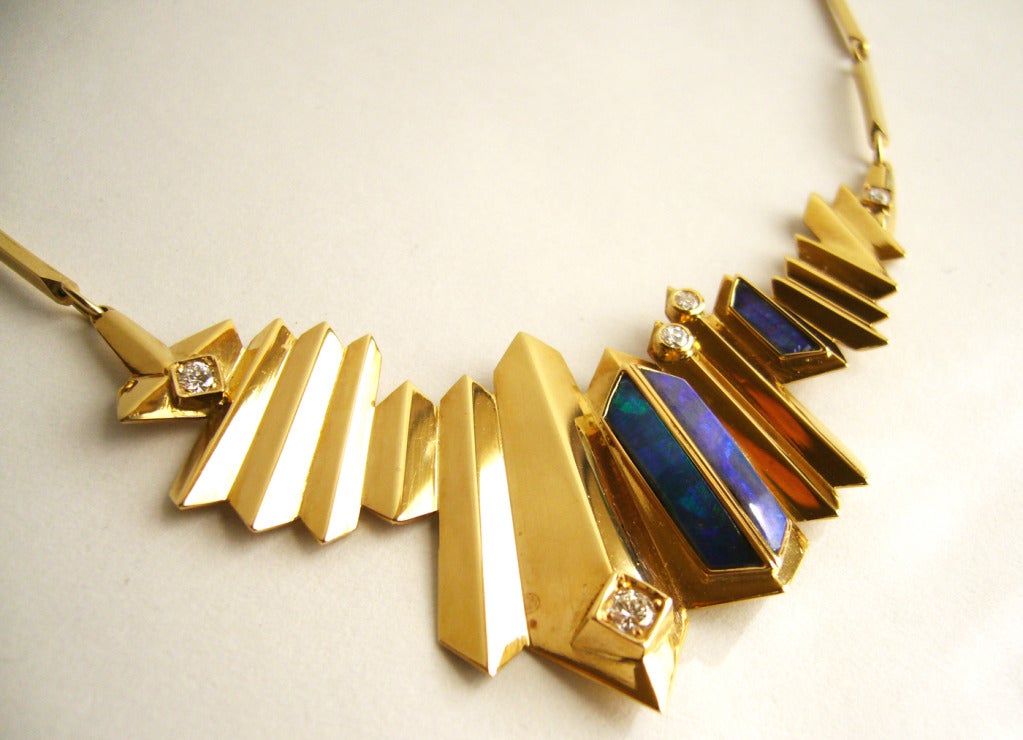 Women's 1970s Black Opal Diamond Gold Necklace