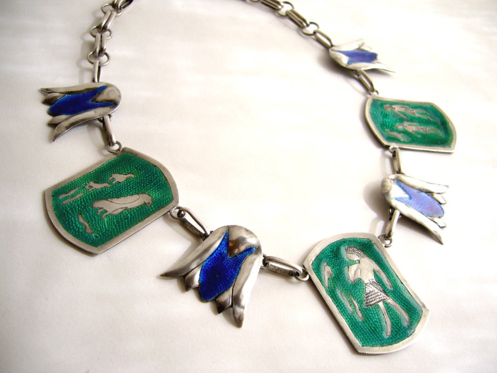 A one of a kind 1940's sterling enamel Egyptian Revival necklace created by Los Angeles jeweler, Esther Lewittes.  It measures 18