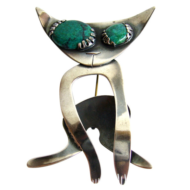 Rare Robert Audrey Engstrom Malachite Sterling Silver American Modern Cat Brooch For Sale