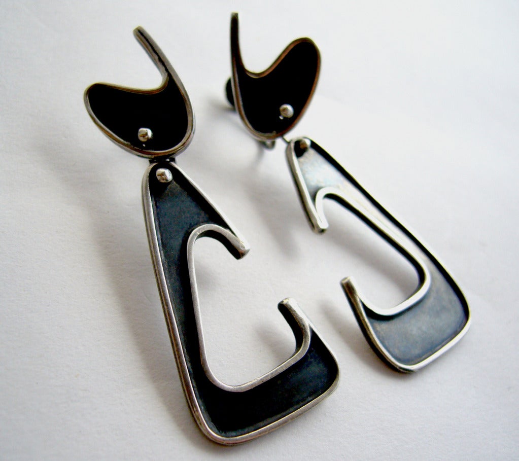 Ed Wiener Sterling Silver Abstract Modernist Earrings In Excellent Condition In Palm Springs, CA