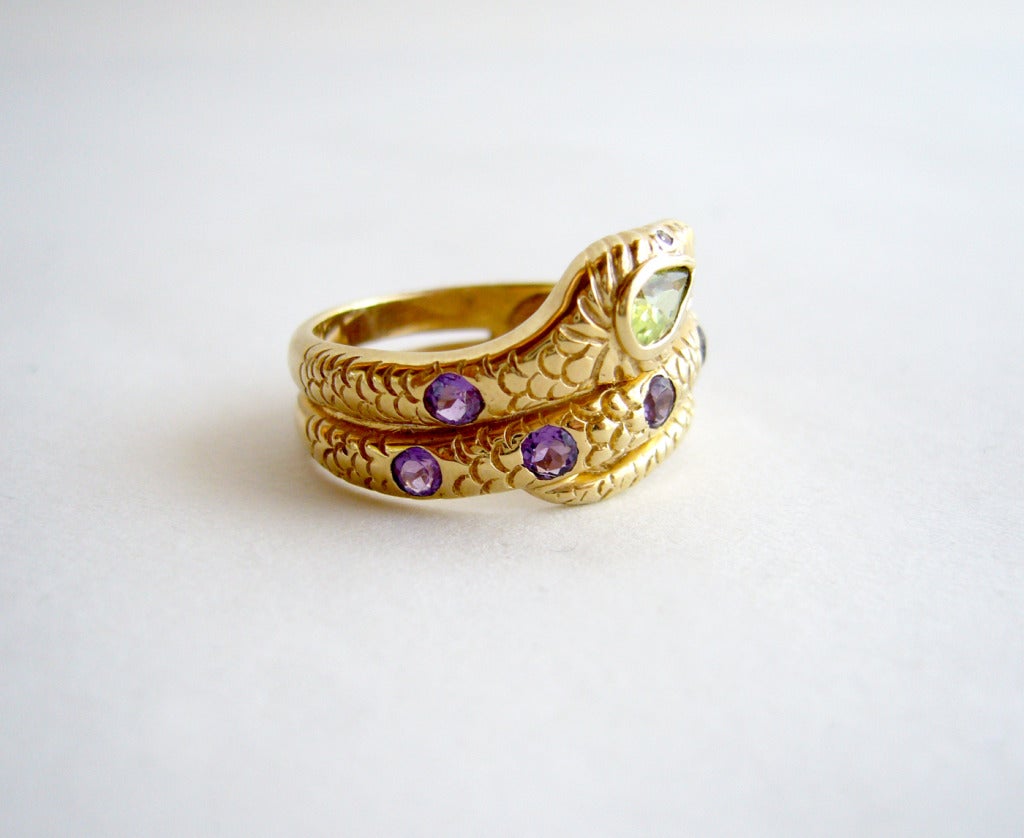 Peridot Amethyst Diamond Gold Snake Ring In Excellent Condition In Palm Springs, CA