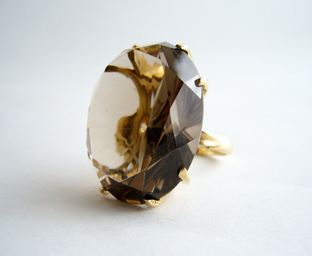 A 14k gold with huge smokey quartz ring circa 1960's.  Quartz stone measures 1 1/4