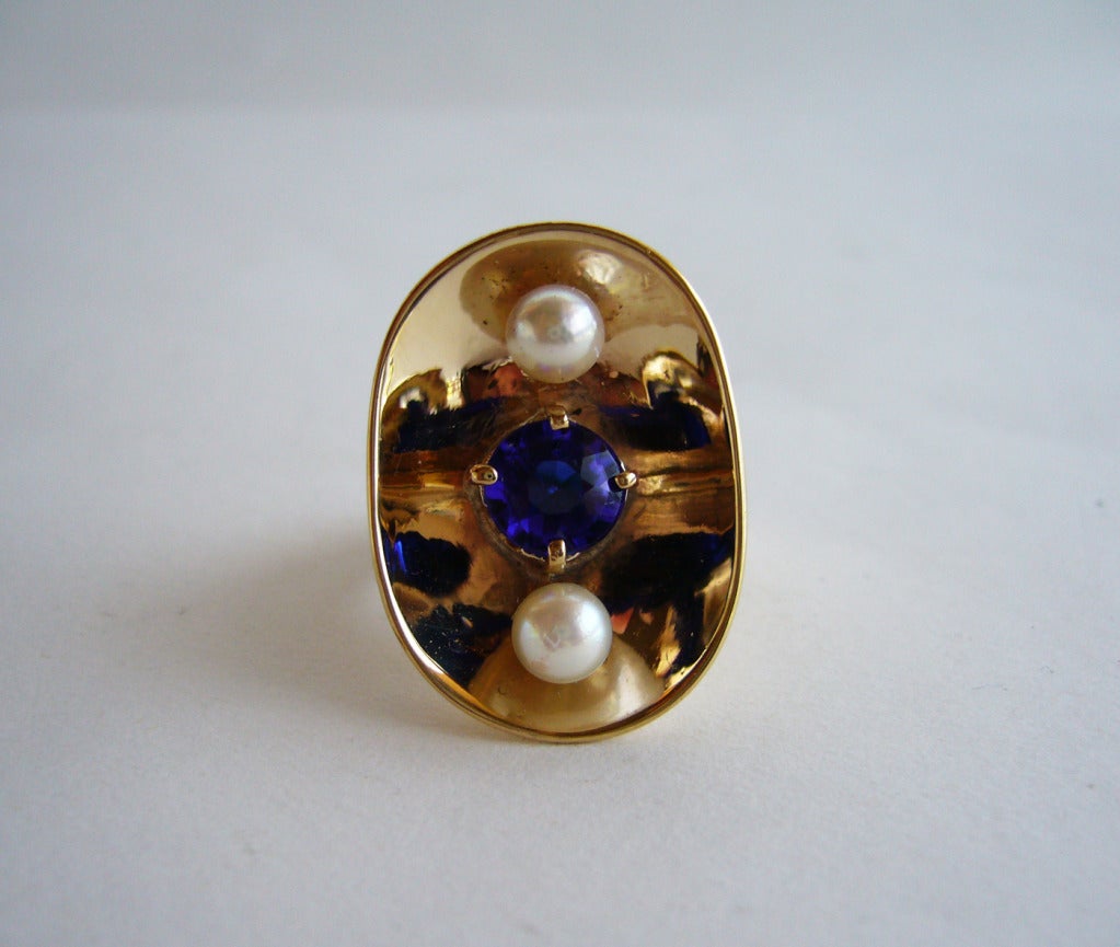 PHILIP PAVAL  Gold Pearl Sapphire Ring In Good Condition In Palm Springs, CA
