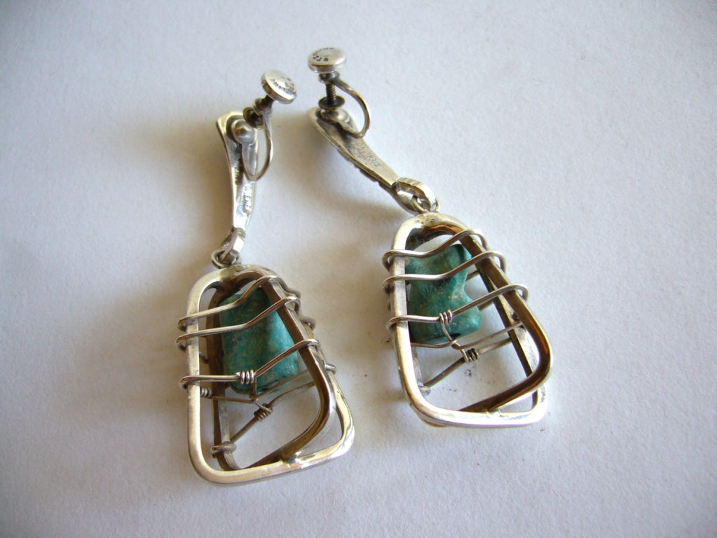 Modernist Ed Wiener Caged Turquoise Earrings