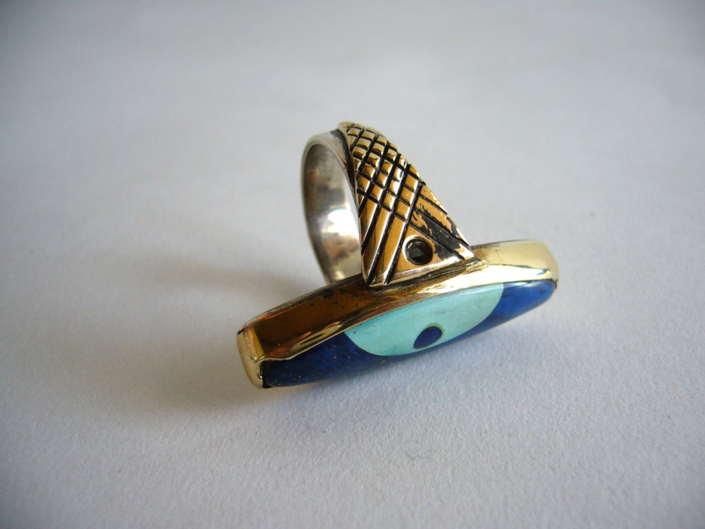 Artisan Daniel Macchiarini Lapis Turquoise Silver Gold San Francisco Modern Dot Ring For Sale