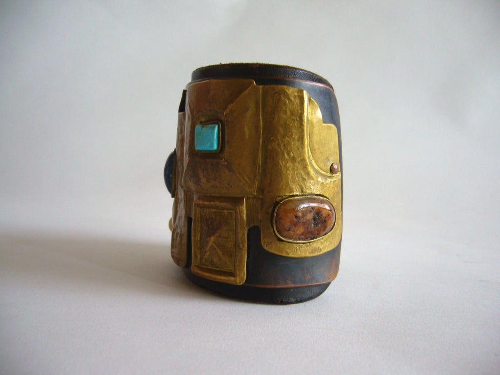 Women's or Men's Hand Made Leather Cuff Bracelet With Lapis Turquoise and Quartz