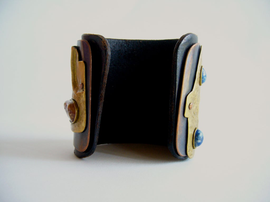 Hand Made Leather Cuff Bracelet With Lapis Turquoise and Quartz 1