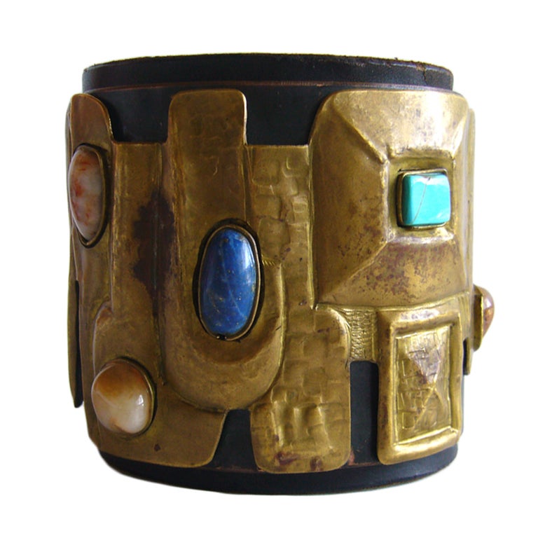 Hand Made Leather Cuff Bracelet With Lapis Turquoise and Quartz