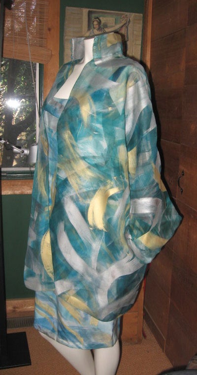 Two Piece Hand Painted Ensemble-Sheath Dress and Flowing Jacket by Michael Katz