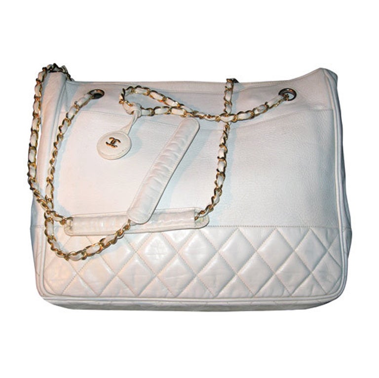 Chanel Vintage White Oversize Leather Shoulder/Tote Bag