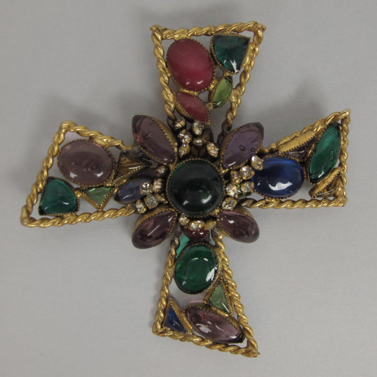 Fabulous Maltese cross brooch with poured glass stones and rhinestones...from the 1940s.