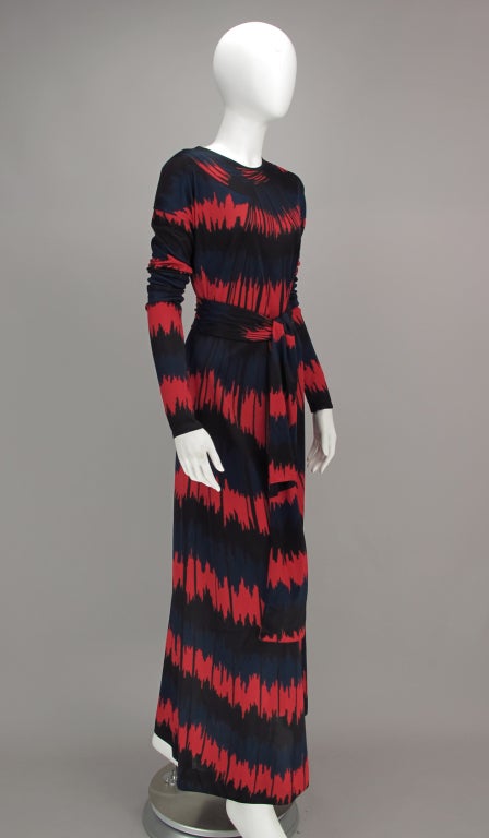 Women's Vintage Roberta di Camerino Red and Blue Optical Print Maxi dress 1977