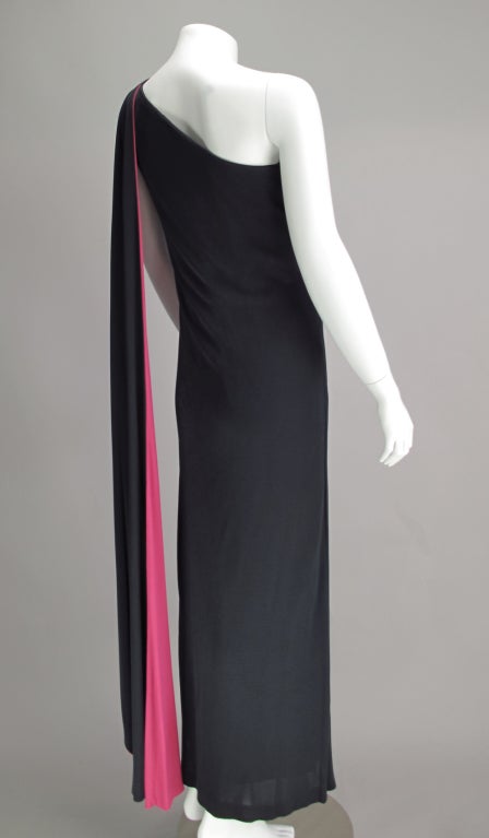 Adele Simpson silk jersey one shoulder draped cape gown 1960s 1