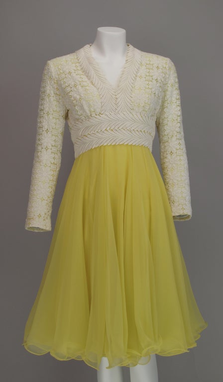 Sweet & sexy...a rather fabulous cocktail dress from Lillie Rubin...fitted cream lace bodice with deep V front, has long sleeves and is lined in yellow chiffon...full skirt is double layers of chiffon with wired hem, skirt is lined in yellow