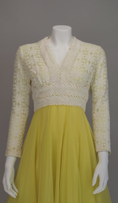 Women's Lace & lemon chiffon cocktail dress 1960s Lillie Rubin