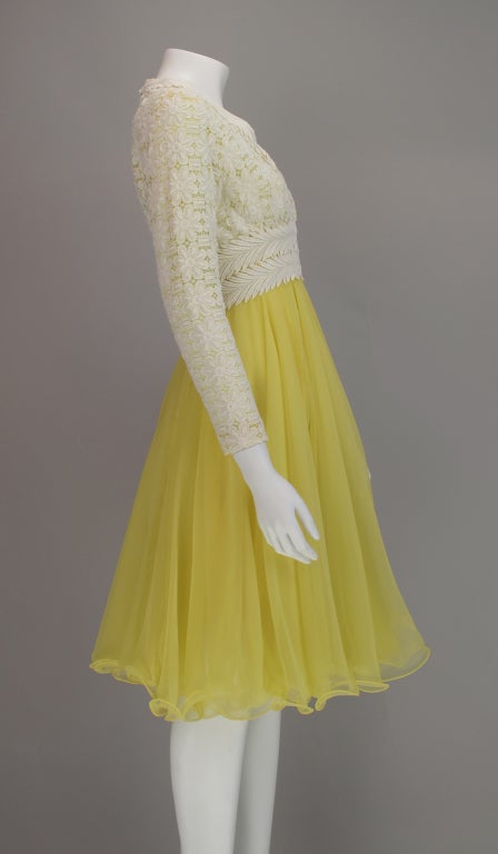 Lace & lemon chiffon cocktail dress 1960s Lillie Rubin 1