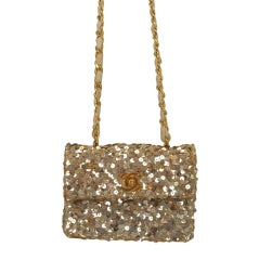 Chanel MICRO MINI gold sequin flap shoulder strap evening bag