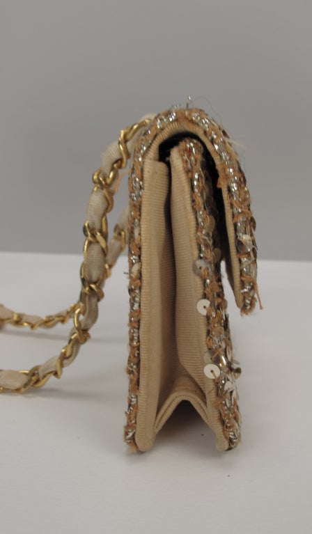 Chanel MICRO MINI gold sequin flap shoulder strap evening bag at 1stdibs