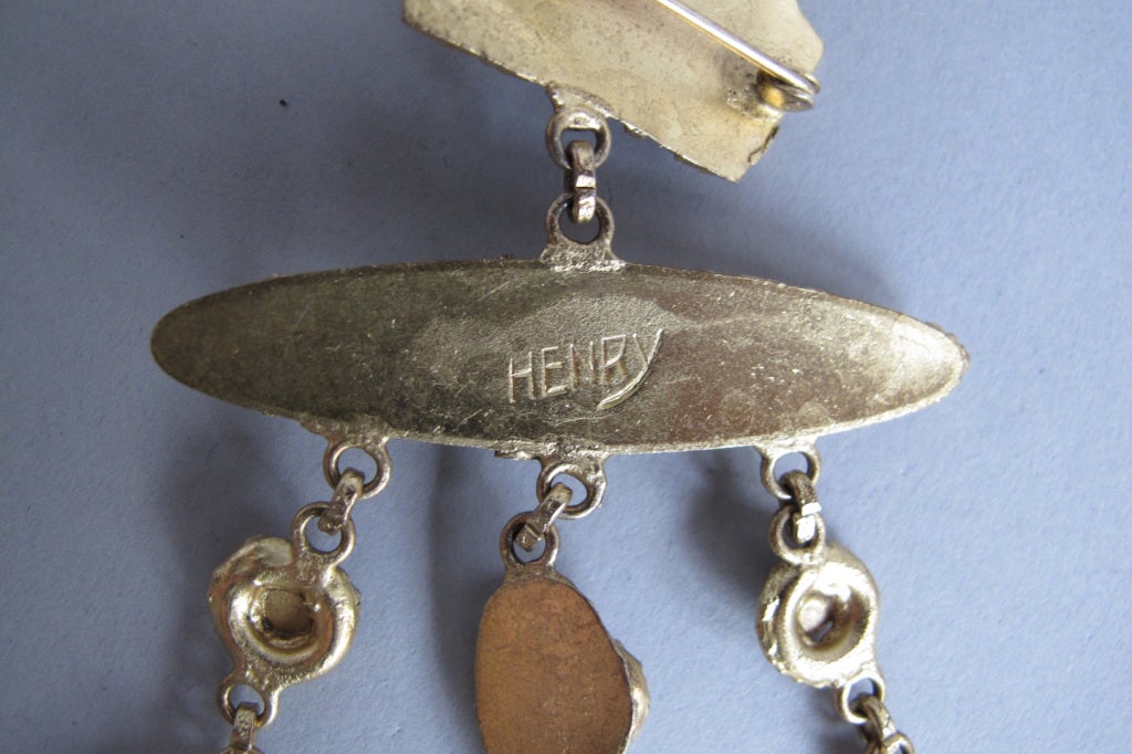 Collier Vintage Henry Perichon Années 1950 - France, Pendentif Moderne Verre Orange, Occasion