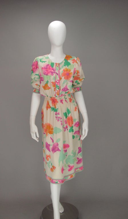Brown 1980s Leonard, Paris floral silk smocked waist dress