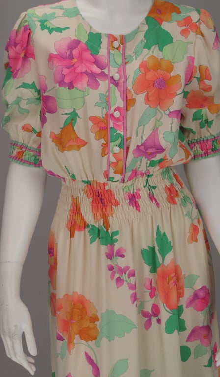 1980s Leonard, Paris floral silk smocked waist dress In Excellent Condition In West Palm Beach, FL