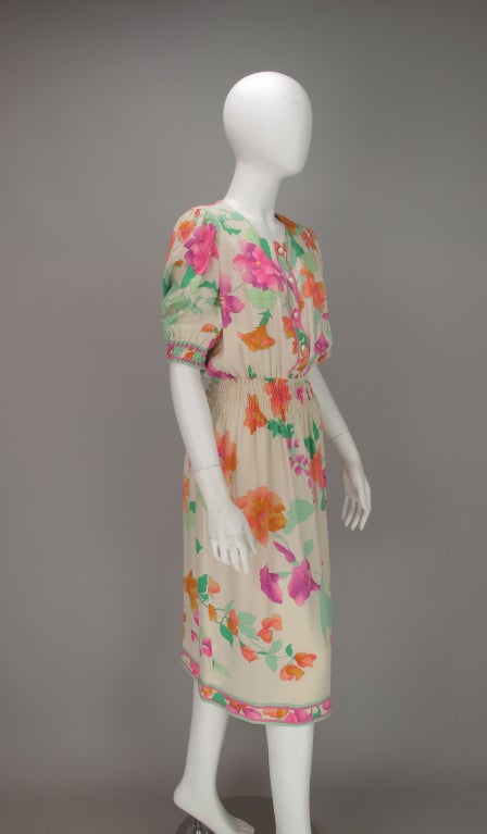 Women's 1980s Leonard, Paris floral silk smocked waist dress