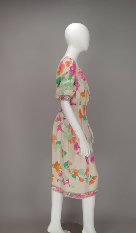 1980s Leonard, Paris floral silk smocked waist dress 1