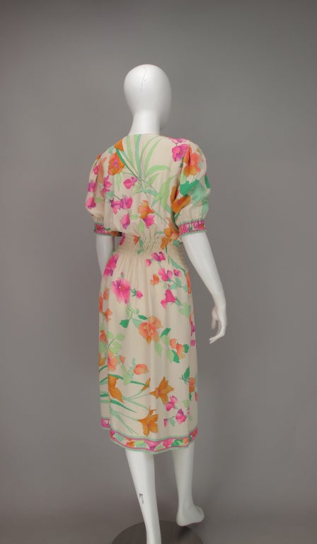 1980s Leonard, Paris floral silk smocked waist dress 2