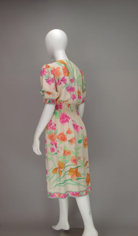 1980s Leonard, Paris floral silk smocked waist dress 3
