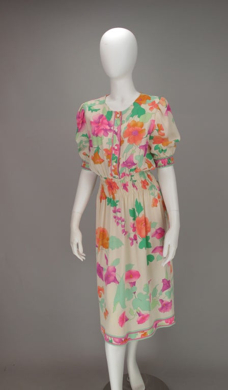 1980s Leonard, Paris floral silk smocked waist dress 4