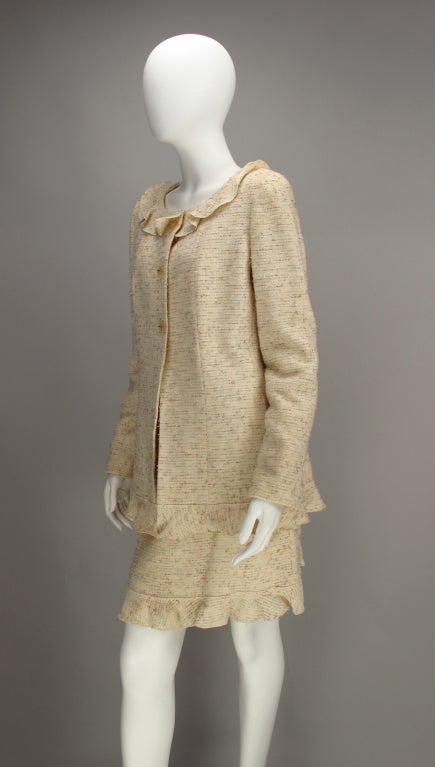 Brown Chanel cream tweed ruffle trimed jacket and skirt