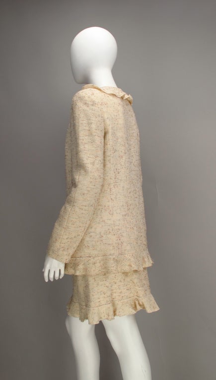 Women's Chanel cream tweed ruffle trimed jacket and skirt
