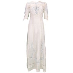 Edwardian blue and white embroidered batiste tea dress early 1900s