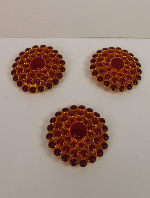 Taken from a Yves St Laurent evening jacket, these beautiful gold with blood red enamel buttons are in excellent condition and ready to make any clothing item gorgeous...unmarked (as are most Rive Gauche buttons)they are in big and