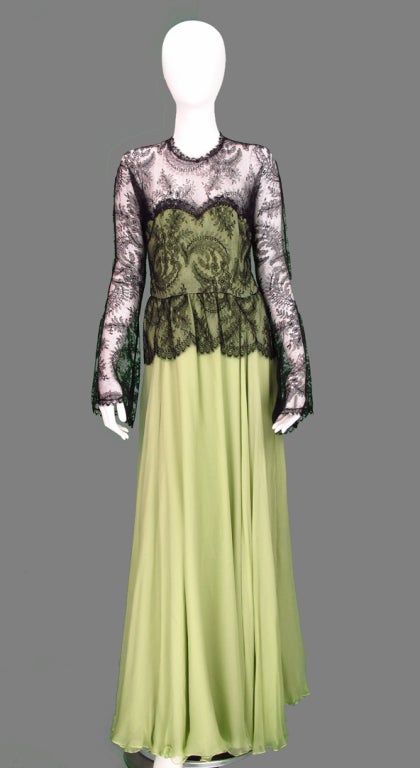 Beige Vintage Oscar de la Renta Chanilly lace and mint green silk chiffon gown 1970s