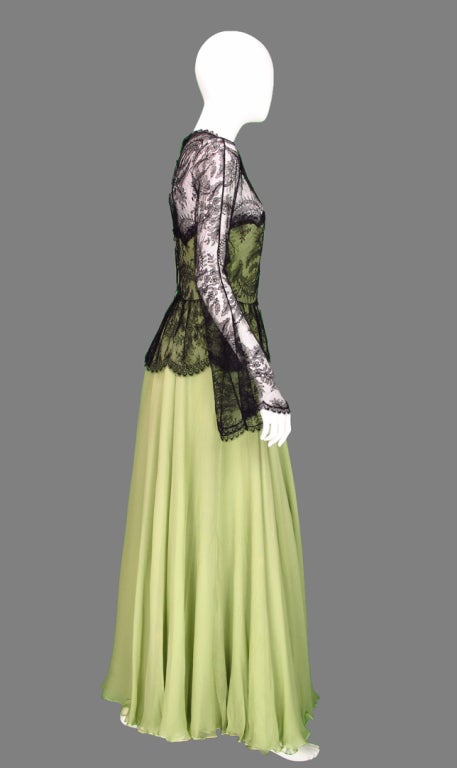 Vintage Oscar de la Renta Chanilly lace and mint green silk chiffon gown 1970s 1