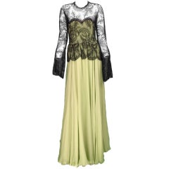 Vintage Oscar de la Renta Chanilly lace and mint green silk chiffon gown 1970s