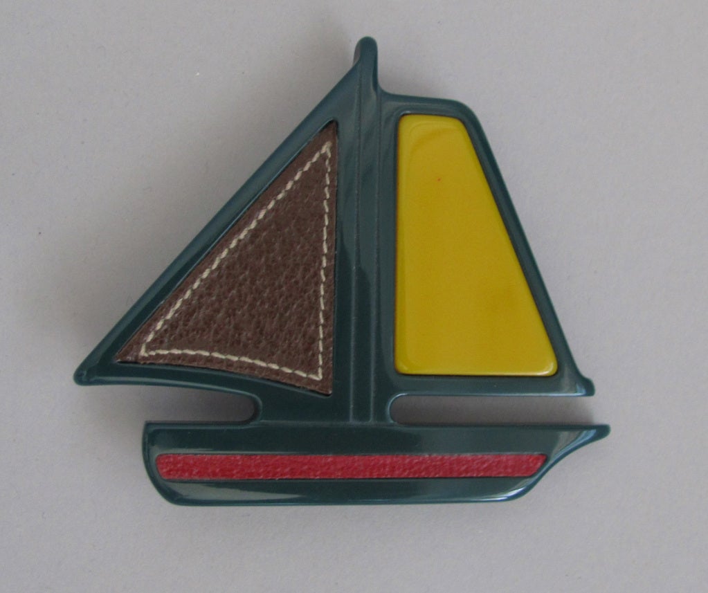 1990s PRADA Bakelite & Leather Sailboat Brooch In Excellent Condition In West Palm Beach, FL