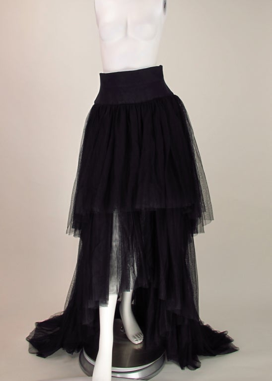 Black silk faille & tulle layered tiered skirt...High corset waist yoke of black silk faille, with inner band at natural waist...layered tulle skirt with train, closes at back with zipper...all the drama you'll need...see a similar version in the